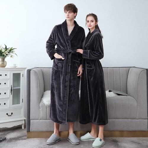Autumn and Winter Flannel Thickened Plus Velvet Couple Bathrobes Mens Womens Extended Large Size Coral Fleece Nightgown