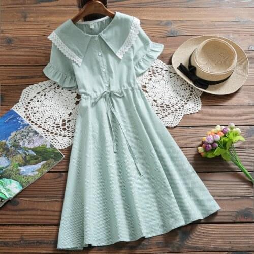 Mori girl cotton linen plaid dress 2019 summer new fashion cute dress japanese short sleeve vestidos