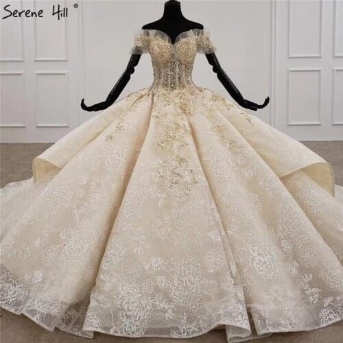 Serene Hill Luxury Champagne Off Shoulder Wedding Dress 2020 Beadings Sequins High-end Sexy Bridal Gown Custom Made CHX0085