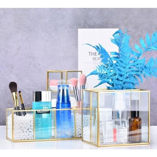 Nordic Golden Glass Cosmetic Storage Box Jewelry Box Dressing Table Multi-Lattice Classification Desktop Finishing Display Box