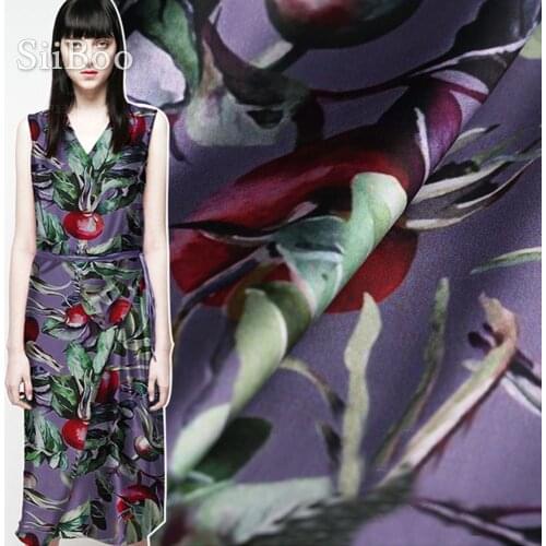 American style purple with plant print spandex silk satin fabric for dress 19mm silk stoffens cloth tela tecido tissue SP4473