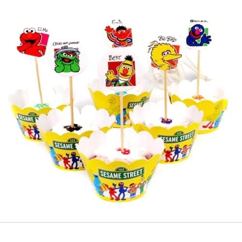 Sesame Street Theme Happy Birthday Cup Cake Toppers Cute Wrappers Decorate Boys girls Supplies Shower Party12PCS/Pack