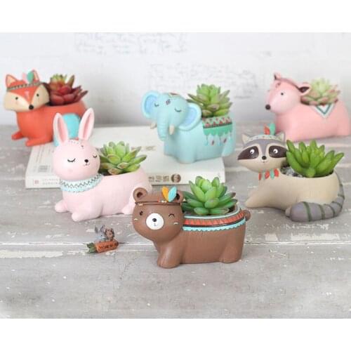 Cute Cartoon Animal Flowerpot Resin Succulent Pot Vase Fox Elephant Deer Bear Rabbit Pot Home Decor Craft Bonsai Pot