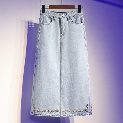 New Arrivals Retro Embroidery Womens Skirt Summer 2021 Office Lady Pockets A-Line Slit Elegant Midi Denim Skirt Blue Bottoms