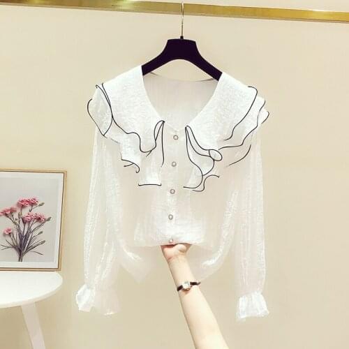Ruffles Solid Women White Shirts Summer New Design Sweet Style Turn-Down Collar Flare Sleeved Elegant Female Outwear Tops