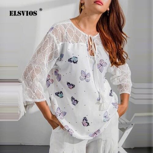 Women Autumn Fashion O Neck Sexy Lace-up Hollow Out Tops Casual Half Sleeves Butterfly Printed Loose T-shirts Elegant Pullovers