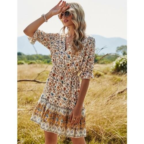 2021 Spring V-Neck Lotus Leaf Medium Ln The Long Sleeve Dress Bohemian Style Have Leisure Cultivate Ones Morality Womens Dress