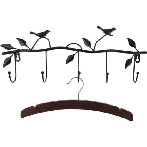1PCs Retro 5 Hook Wrought Iron Bird Shape Leaf Wall Dress Robe Hook Key Coat Holder Cap Hanger White Black Color Home Decoration