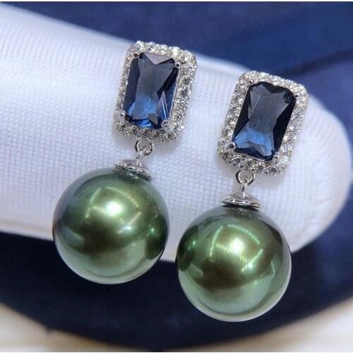 D822 Pearl Earrings Fine Jewelry 925 Sterling Silver Round 8-9mm Fresh Water Peacock Green Black Pearls Drop Dangle Earrings