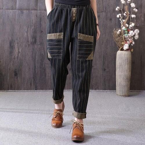 Spring Autumn Arts Style Vertical Stripe Women Vintage Jeans Elastic Waist Cotton Denim Harem Pants Big Pocket Loose Jeans