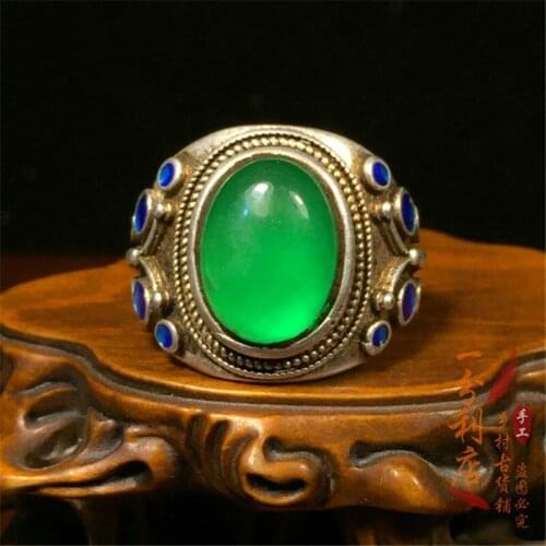 Qing Dynasty old jadeite jade ice seed egg ring face old silver inlaid ring with full silver ring