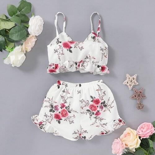 HOT Summer Baby Girls Casual Flower Costume Set Child Sleeveless Vest T-shirt+Floral Print Shorts Suits Set8