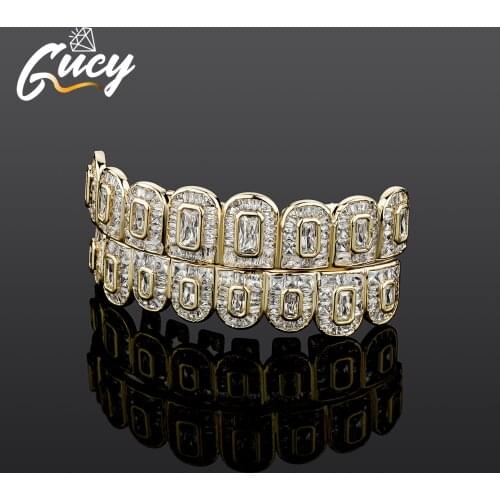 GUCY Gold Silver Color All Iced Out Hip Hop Teeth Grillz Micro Pave Cubic Zircon Top & Bottom Grills Set For Men Gift
