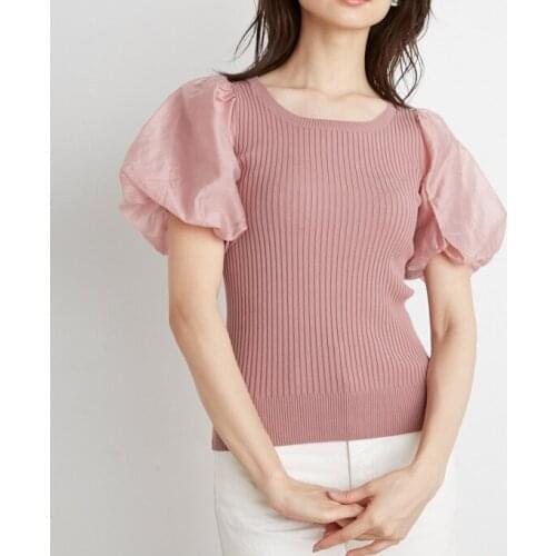 New Lantern Sleeve Knitted Tops Women Chic Mesh Patchwork Summer Pullovers Female Slim Soft Solid Elegant Office Lady T-shirt