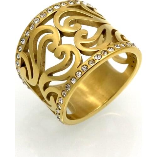 New 17mm Width Brand Design Hollow Flower Rhinestone Rings 316L Stainless Steel Rings For Women Gold Color Party Jewelry