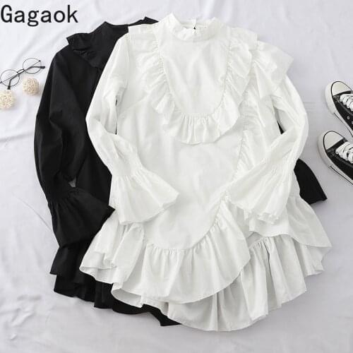 Gagaok Women Office Lady Dress Spring Autumn New Solid Ruffles Flare Sleeve Stand Loose Sweet Chic Wild Female Fashion Dresses