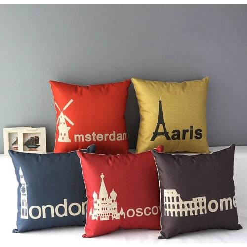 London pillow cover, city cartoon Moscow Amsterdam Rome Paris landmark buildings throw pillow case pillowcase wholesale