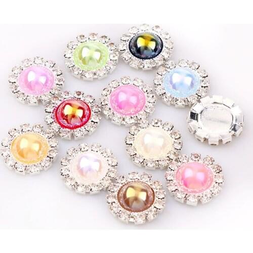 10 Pcs 16mm Inner 10mm Round Pearl AB Color With Rhinestone Cabochon Setting Pearl Button Brass Silver Tray DIY Jewelry Charms