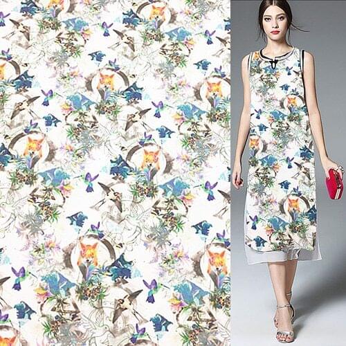 Animal and plant design fox and floral print silk linen blended fabric,SLN173