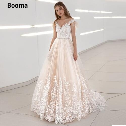 Booma Champagne Wedding Dresses Lace Appliques Sleeveless Princess Party Dresses Vintage Lace up Bridal Gown Plus Size Free Ship