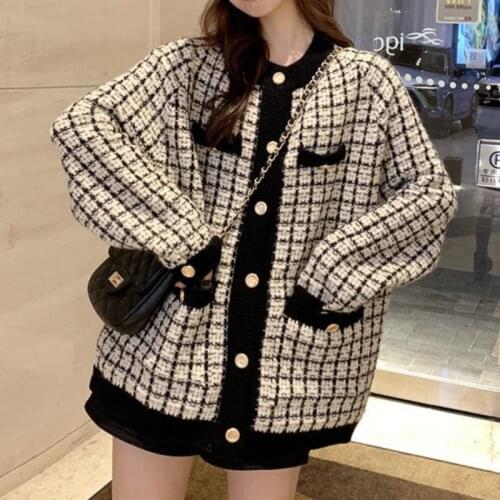 Autumn Tweed Sweater Jacket Women Vintage Fashion Small Loose Elastic Plaid Outwear Female Celebrity Harajuku Short Coat