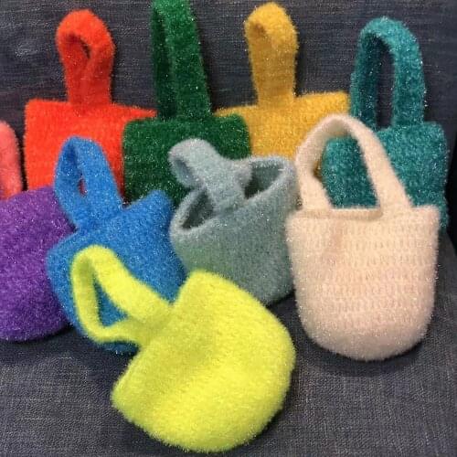 Bright Silk Solid Color Vintage Fashion Plush Bucket Bag for Women 2021 Woven Small Shopping Totes Female Casual Clutch Handbags