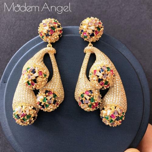 ModemAngel three Big Ball Belicate Luxury Brand Cubic Zircons Copper Long Earrings Women Bridal Wedding Dress Accessories