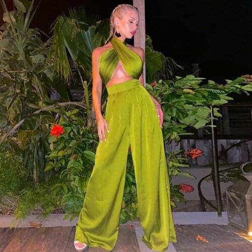 Sleeveless Hollow Out Halter Backless Top And Solid High Waisted Wide Leg Pants Two Piece Set Casual Womens Trousers Y2K Set