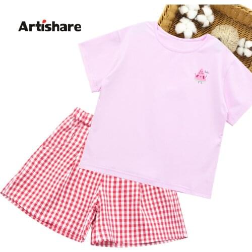 Teen Girls Clothing Cartoon Tshirt + Skirt Costume For Girls Plaid Girl Clothes Set Summer Tracksuits For Children