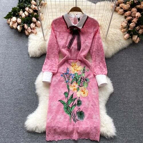 Celebrity Runway Flower Embroidery Lace Dress Summer Women Long Sleeve White Collar Rose Chinese Cheongsam Party Dresses Autumn