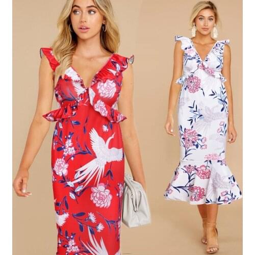 Summer Printed Slim Hip Dress V-neck Sleeveless Ruffled Sexy Low-Cut Dress Casual Dress