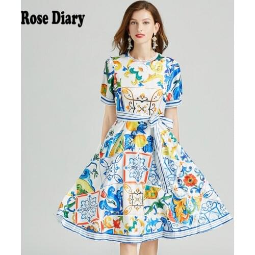 RoseDiary Fashion Designer Runway dress Spring Summer Women Dress Short sleeve Classic Blue and white porcelain Print Dresses