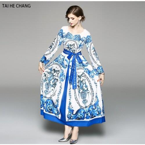 Women fashion designer autumn elegant vestidos slim bodycon party vintage casual runway maxi long sleeve print with belt dress