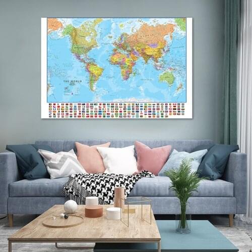 130*90cm The World Political Map with National Flags Non-woven Canvas Painting Wall Poster Home Decor Education School Supplies