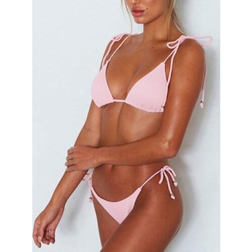 2pcs Yellow Sexy Women Summer Swimwear Bikini Set Bra Tie Side G-String Thong Beach Triangle Suit Swimsuit Bathing Swimming Suit