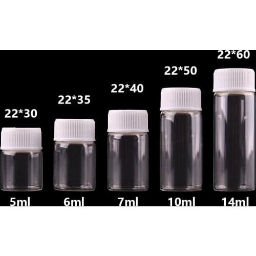 5ml 6ml 7ml 10ml 14ml Mini Clear Glass Bottles with White Plastic Screw Cap Empty Spice Bottles Jars DIY Crafts Vials
