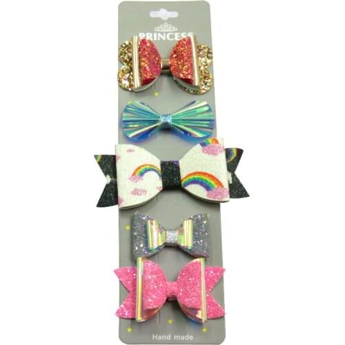 5PCS/SET Pretty Rainbow Baby Girls Clips Leather Bow Child Tie Knot Creativity Handmade Hairpins Hair Accessories For Kids 2021