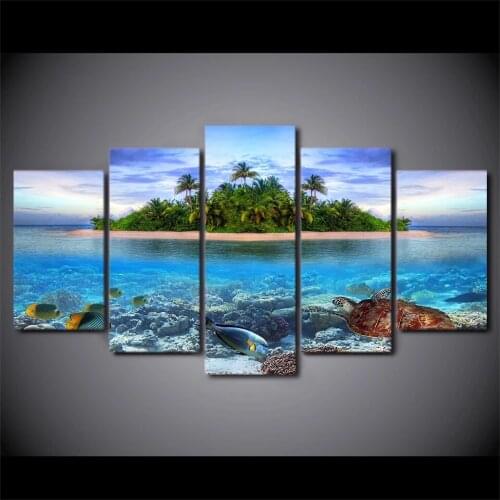 Wall Art 5 Pieces Marine Life Tropical Island Pictures HD Prints Sea Turtle Fish Palm Trees Canvas Paintings Posters Home Decor