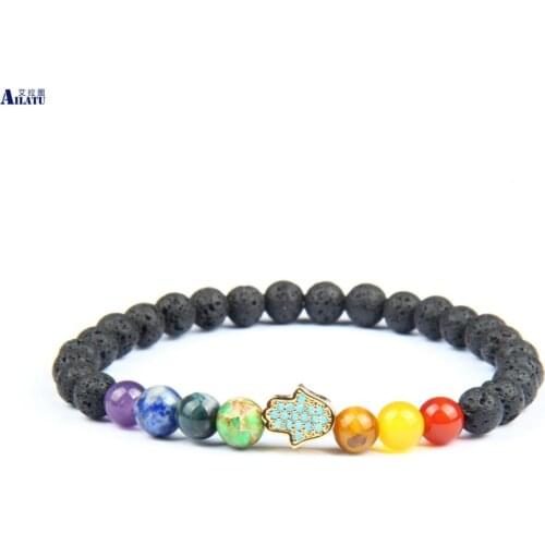 Ailatu New Chakras Micro Pave Blue Cz Hamsa Bracelet Relief ,Stress Multi Stones , Focus, Balance Chakra Protection Jewelry
