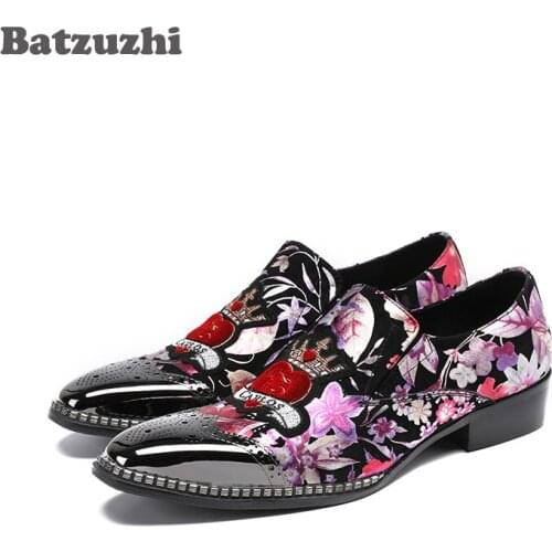 Batzuzhi 2018 New Handmade Men Shoes Silver Metal Tip Black Suede Print with Flowers Rock Mens Dress Shoes Party Runwawy, 38-46