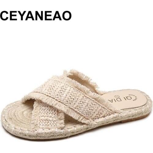 CEYANEAO 2020 brand designer women slippers Rural summer feelings in love woven straw sandals ladies beach slippers