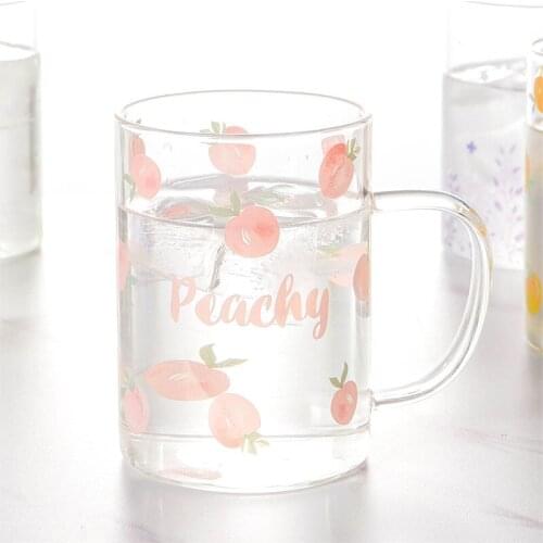 Peach print handle cup high borosilicate glass cup home milk cup cute girl heart water cup breakfast cup