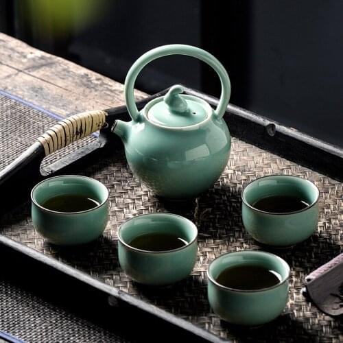 Longquan celadon Chinese kungfu tea set office ceramic simple beam teapot complete gift box