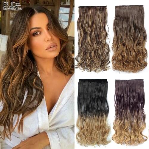 22 Inch Long Wavy Synthetic 5 Clips in One Hairpiece Natural Wave For Women Clip-in Hair Extensions Ombre Grey Brown Blonde