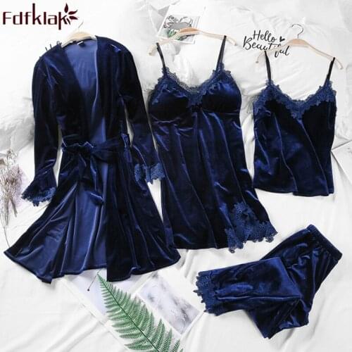 Fdfklak Autumn 2020 Gold Velvet 4 Pieces Home Clothes For Women Pajama Sets Pijama Sexy Lingerie Pyjamas Femme Sleepwear Q1409
