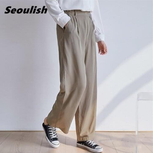 Seoulish Formal Womens Wide Leg Pants Minimalist High Waist Elegant Office Female Workwear Loose Pants Pockets 2021 New Spring