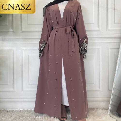 Hot Selling Open Abaya Women Clothes Lace With Pearls Design Muslim Fashion Kimono Long Kaftan Islamic Dubai Dresses For Women