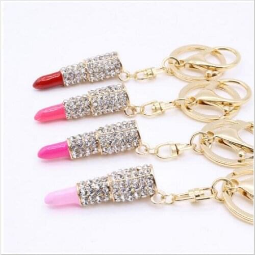 Cute Lipstick Car Keychain For Women Men Crystal Key Ring Holder Casual Alloy Key Chains Charm Bag Accessories