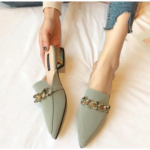 2021 New Chain Mules Women Slides Square Toe Ladies Striped Shoes Summer Fashion Footwear