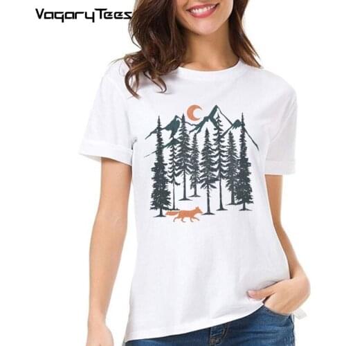 New T Shirts Women Fox in the Night Printed Tshirt Fox walking in the woods Tops t-shirt Female Clothing